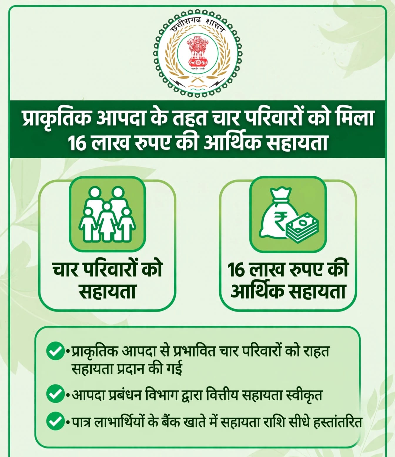 प्राकृतिक आपदा से प्रभावित 4 परिवारों को कुल 16 लाख रूपए की मिलेगी आर्थिक सहायता आरबीसी खंड-6 क्रमांक-4 के तहत प्राकृतिक आपदा से जनहानि पर प्रभावित परिवारों को दी जाती है आर्थिक सहायता