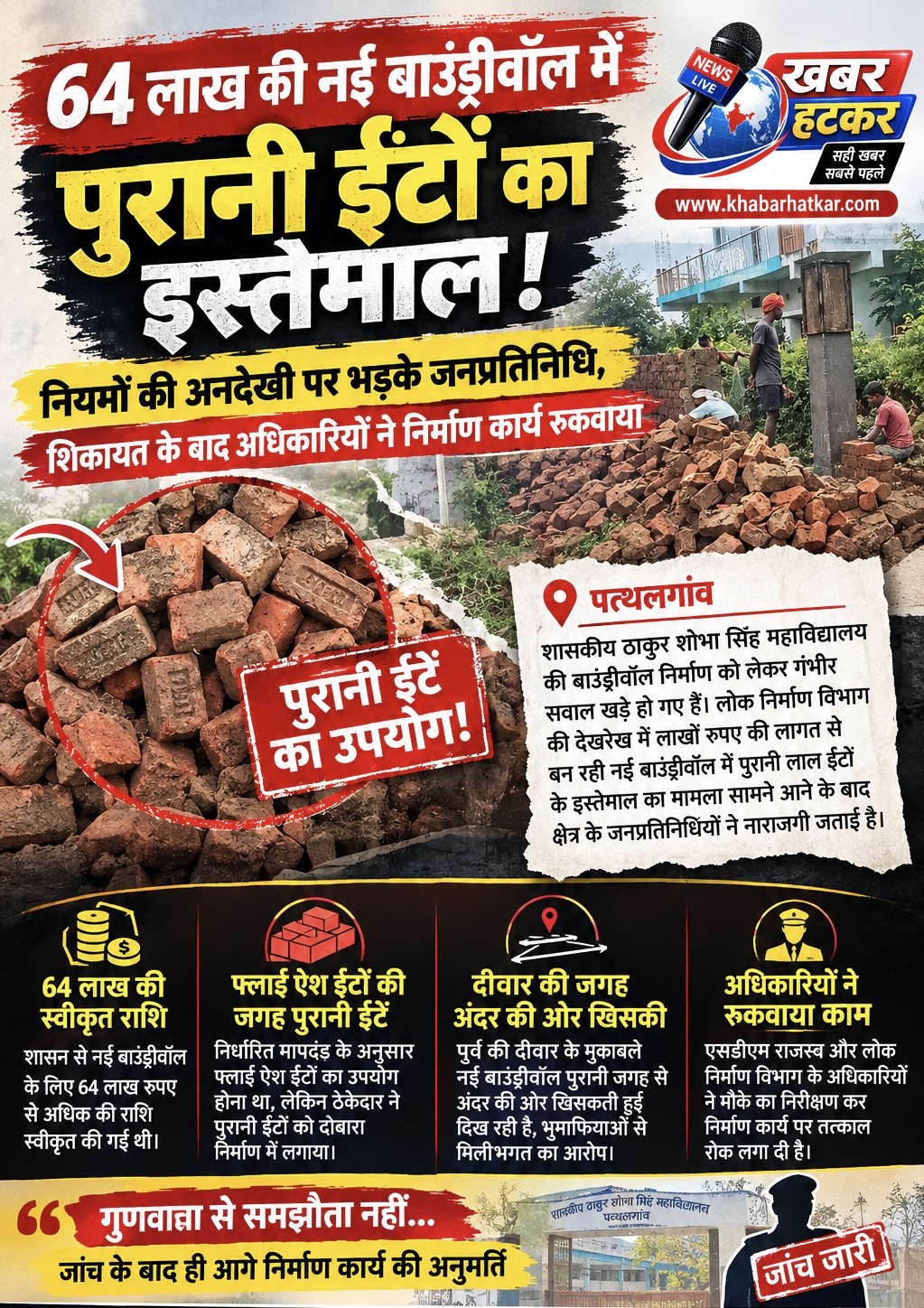 *64 लाख की नई बाउंड्रीवॉल में पुरानी ईंटों का इस्तेमाल!